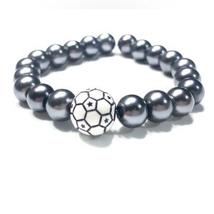Handmade Grey Black & White Soccer Stretch Bracelet